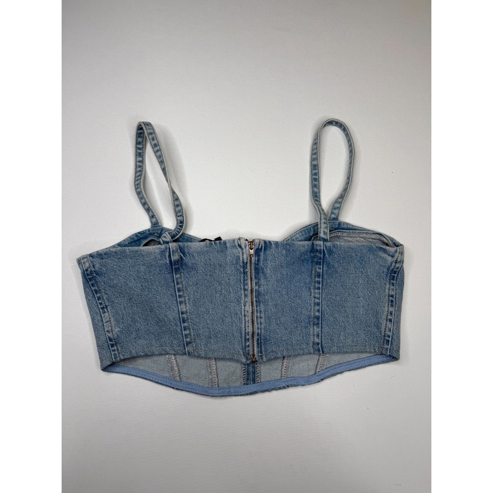 Zara Corset Cropped Top Womens Medium Blue Denim Cotton Back Zip Spaghetti Strap - Picture 5 of 6